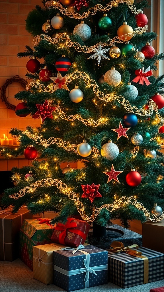 Grown-Up Christmas List Quotes A decorated Christmas tree with gifts underneath and a warm fireplace in a festive holiday setting.
